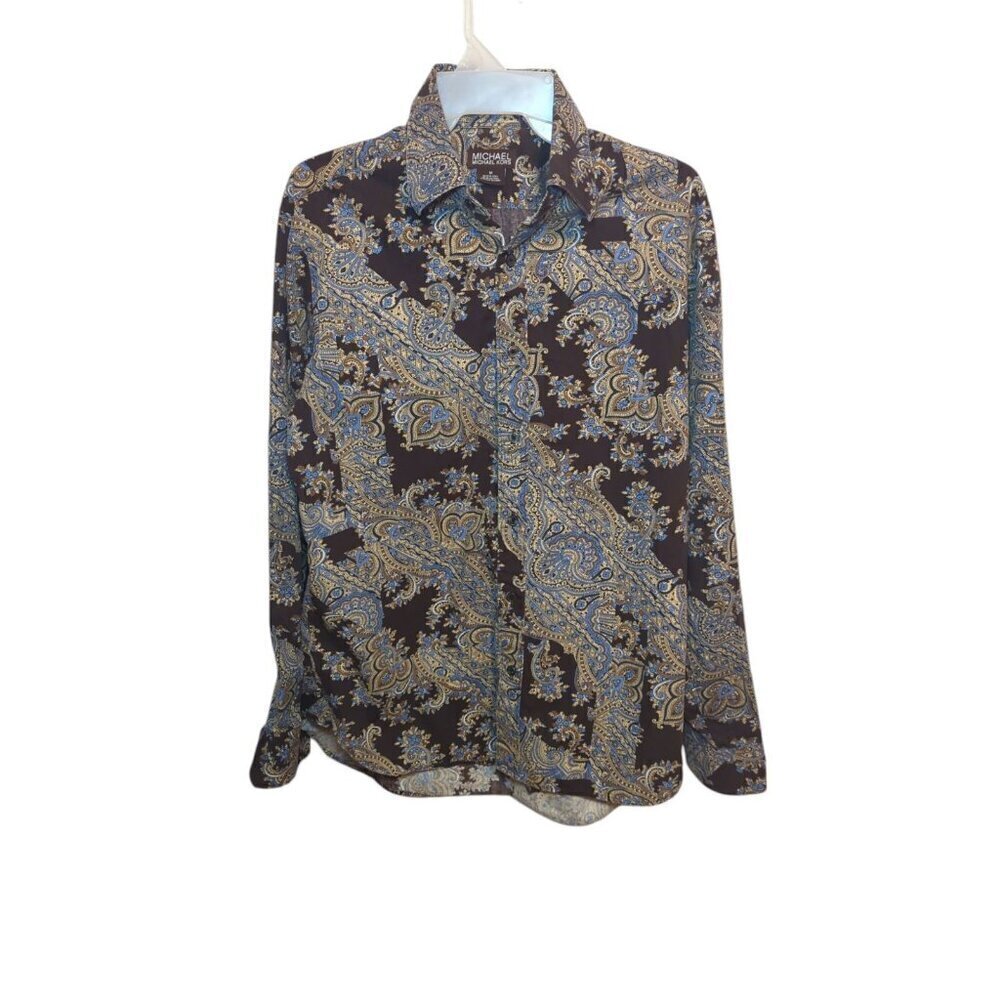MICHAEL MICHAEL KORS Brown Blue White Paisley Cotton Button Down Shirt sz Medium